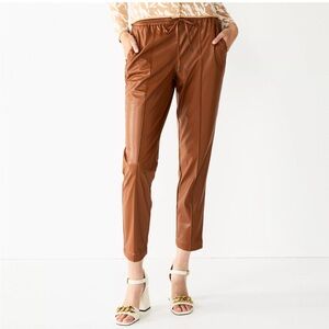Nine West Mid Rise Maple Brown Faux Leather pull on Pants Size L